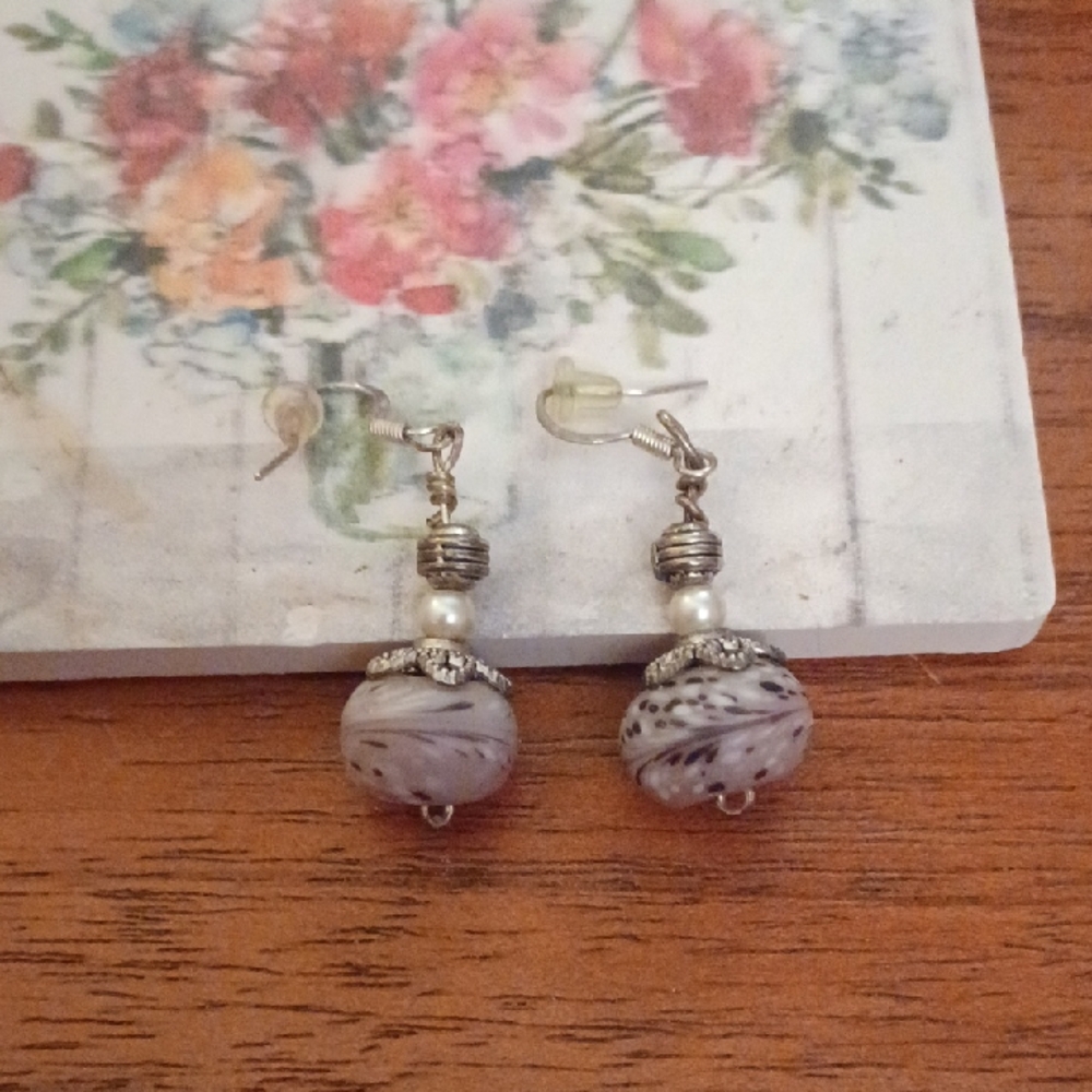 Chic Silver and White Beaded Earrings